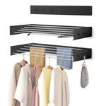 WELTRXE Wall Mounted Clothes Drying Rack, Collapsible Laundry Clothes Airer with 6 Hooks, Foldable Towel Rack, 80cm 5-Rod Retractable Metal Washing Line for Indoor Outdoor, Drying Space Saver, Black