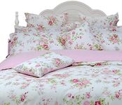 FADFAY Rose Floral Doona Cover Set Pink Grid Cotton Girls Bedding with Hidden Zipper Closure 3 Pieces, 1duvet Cover & 2pillowcases,Queen Size