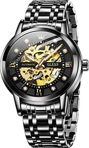 OLEVS Gold Skeleton Men's Automatic Mechanical Watches self Winding Luxury Dress Shiny Diamond Stainess Steel Waterproof Luminous Wrist Watches…, All Black, Mechanical