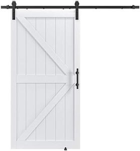 COSHOMER 42in x 84in MDF Sliding Barn Door with 7ft Barn Door Hardware Kit & Handle, Pre-Drilled Holes Easy Assembly -Solid Wood Slab Inside Covered with Water-Proof PVC Surface, White, K-Frame