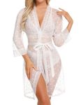 RSLOVE Sexy Lingerie for Women Lace Lingerie Set with Mesh Robe 3 Piece Set Sleepwear Nightwear White Medium