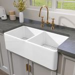 GETPRO Double Bowl Farmhouse Sink 33 Inch Fireclay White Farm Sink 50/50 Undermount Kitchen Sink Apron Front Large Equal Two Basin Reversible Deep Sink with Modern Style Accessories