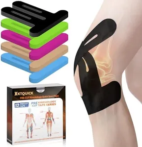 Kinesiology Tape for Knees Pre Cut, 12 PCS Upgrade KTQUICK Knee Tape For Knee Pain Relief Pre Cut, Original Cotton Knee Tape, Flexible & Durable Sports Tape for Support & Comfort During Workouts,Black