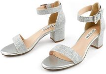 JOY IN LOVE Women's Chunky Low Heels Ankle Strap Open Toe Block Heel Sandals, Silver Glitter, 6.5