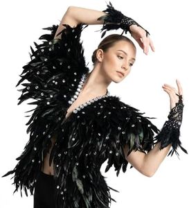 anpingift Black Feather Epaulet Vest & Lace Gloves Set, One Size Rhinestone Gothic Shoulder Wrap Shrug, Sparkly Rave Festival Burning Man Halloween Cosplay Costume for Men Women
