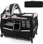INFANS 4 in 1 Baby Travel Cot, Portable Baby Playard with Bassinet Changing Table Adjustable Canopy, Foldable Nursery Centre with Storage Basket Oxford Bag for Newborn Toddlers (Black + Colorful)