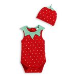 Mom's Love Strawberry Printed Pure Cotton Sleeveless Bodysuit with Cap for Baby Boys | Red, Pack of 1