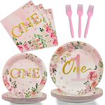 96Pcs 1st Birthday Party Supplies Girls’ One Birthday Plates Napkins Dinnerware First Year Floral Birthday One Year Tableware Decorations Favors for Baby Shower, Serves 24