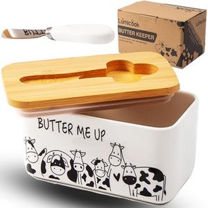 Lumicook porcelain butter dish with lid, Natural bamboo lid, seal included for airtight butter dish, butter holder easily fits 2 sticks of butter (White)