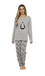 Daisy Dreamer Pyjama Set Women's Bear & Frenchie Cotton Jersey Pyjamas Lounge Wear Long Sleeve Grey PJs, Small (UK 8-10), Penguin