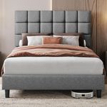 Yaheetech Double Bed Frame Upholstered Platform Bed with Adjustable Square Tufted Headboard/Linen Fabric/Sturdy Wooden Slat Support/No Box Spring Needed, 4ft6 Double Bed Light Grey