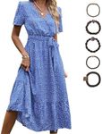 Lian Midi Dresses for Women, Floral Maxi Dress V Neck Short Puff Sleeve Maxi Dress Blue Ruched Women's Casual Dresses Blue Floral Print Ruffle Fall Dresses for Women Fall Dresses a Line Dress Size M