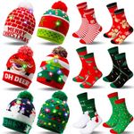 Suhine 12 Pcs LED Christmas Sweater Hat and Socks Set Light Up Christmas Beanie Knitted Cap Holiday Novelty Crew Socks for Men Women Teens Unisex Xmas New Year Party Gifts Favors Supplies, Classic