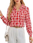 GRACE KARIN Women's Blouse Elegant Long Sleeve Satin Top Casual V-Neck Shirt Loose Lapel Collar Shirt, Red Waves On White, XL