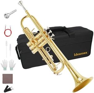 Ideamax Bb Standard Trumpet Set, Brass Student Trumpet Instrument for Beginner with Hard Case, Cleaning Kit, 7C Mouthpiece and Gloves, Golden