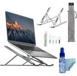 Sounce Adjustable Laptop Stand Combo with 3 in 1 100ml Cleaning Set & Cable Protector Spiral, Aluminum Foldable Ventilated Portable Holder for up to 15.6 inch Laptops, Mac (with Carry Pouch) - Grey