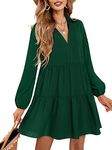 Amoretu Women Long Sleeve Dresses V Neck Collar Swing Babydoll Dress Green XL