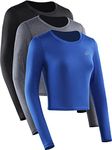 NELEUS Women's Running Workout Athletic Crop Shirts Pack of 3, Black/Grey/Blue, Long Sleeve, Large