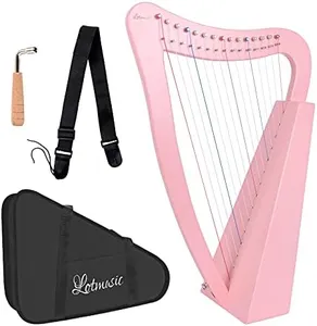 Lyre Harp,15 strings 22 inch Solid Birchwood Musical Instrument Height For Adult Kids Beginner with Tuning Wrench Black Gig Bag Strap(Pink)