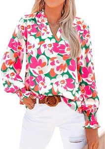 MASCOMODA Womens V Neck Floral Long Sleeve Tops 2025 Summer Casual Loose Puff Sleeve Chiffon Boho Work Blouse Dressy T Shirts(Green Pink Flower,X-Large)