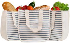 Reusable Canvas Grocery Shopping Bags with Bottle Sleeves - Easy to Organize, Convenient to Carry, Sturdy, Washable and Foldable Cotton Grocery Tote Bags with 80 LB Capacity (Blue Stripe - 3 Bags)