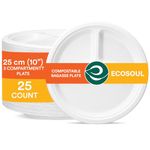 ECO SOUL [10 inch, 25 Pack, 3-Compartment Disposable Bagasse Plates | Eco-Friendly, Biodegradable, Sugarcane Paper Plates | for Serving Snacks & Dinner | Birthday, Wedding & Party | Round, White