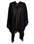 ZLYC Women's Lightweight Shawl Golden Trim Textured Knit Blanket Wrap Fringe Poncho with Contrast Trims (Black),One Size