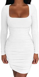 Kaximil Women's Sexy Bodycon Ruched Mini Club Dress Long Sleeve Basic Casual Dresses,Large,White