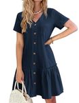 Hotouch Women Loose Casual Dress for Summer Button Front Tunic Dress Cotton A Line Swing Dress Ruffle Swing Dress, Navy Blue XXL