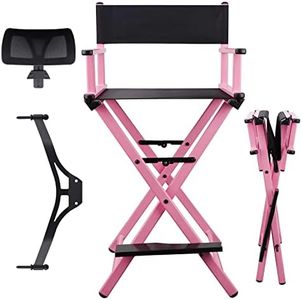 Lorvain Folable Makeup Artist Stool Chair, Protable Tall Folding Directors Chair, Aluminum Makeup Chair with Head Rest for Studio Salon Vanity, Bar Height - Pink Chair