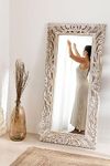 DENCOITRY Wooden Hand Carved Decorative Wall Mirror Frame for Bedroom || Home Decor || Living Room || Vertical or Horizontal Hanging || Rustic White || Without Mirror ||