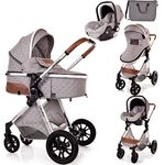 3 in1 Baby Pram with Car Seat Lightweight Buggy Foldable Stroller Pushchair Baby Travel System Newborn Toddlers 0-36 Months (Light Grey)