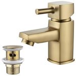 NewEast Basin Tap Square with Waste, Small Single Lever Bathroom Sink Mixer Taps, One Hole Brass Cloakroom Tap Brushed Gold