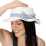 Haute Sauce White Textured Straw Hat with Blue Ribbon Detail Women Outdoor Everyday Wear | UV Protection | Lightweight | Foldable | Packable | Latest Stylish Casual Headwear for Women & Girls