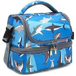 FlowFly Double Decker Cooler Insulated Lunch Bag Kids Lunch Box Large Tote for Boys,Girls,Men,Women, With Adjustable Strap,Shark