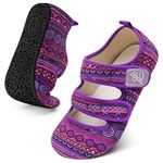 JOINFREE Women Men Slippers with Rubber Sole House Slippers for Women Adjustable Home Socks Shoes PurpleBohemia 7-7.5 Women/ 5.5-6 Men