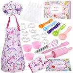 Anpro Complete Kids Cooking and Baking Set - 27 Pcs Includes Aprons for Girls, Chef Hat, Mitt & Utensil to Dress Up Chef Costume Career Role Play for 3-7 Years Girls