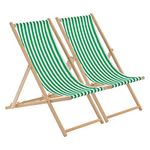 Harbour Housewares Folding Wooden Deck Chairs – Green Stripe – Pack of 2 – Adults Traditional Foldable Reclining Outdoor Canvas Sun Lounger Chair Seat for Garden Patio, Beach, Camping