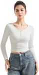 SUUKSESS Women Long Sleeve Henley T Shirts V Neck Button Down Slim Fit Tee Crop Top (White,M)