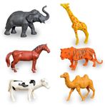 TEC TAVAKKAL Set of 6 Big Size Toy Figure Farm and Jungle Cartoon Animal Toys Figure Playing Set for Kids Current Animals Elephant Tiger Giraffe Horse Cow Camel Tree and Barricade Toys for Children