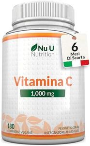 Vitamina C 1000mg Pura Alto Dosaggio - 180 Compresse Vegane - 6 Mesi di Fornitura - Acido Ascorbico - Senza GMO - Integratori alimentari di Nu U Nutrition