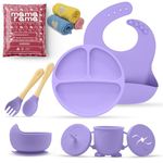 Mamarama 11 Piece Silicone Baby Feeding Set, Complete Mealtime Essentials, Includes Suction Bowl, Plate, Cup with Straw & Snack Lid, Fork, Spoon, Bib, and 3 Napkins for Babies and Toddlers (Purple)