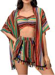 Verdusa Women's 3 Piece Outfits Short Sleeve Open Front Kimono and Boho Cami Top and Tassel Trim Tropical Shorts Set Multicolor L