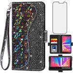 Asuwish Phone Case for Tracfone BLU View 2 B130DL Wallet Cover with Screen Protector and Wrist Strap Flip Credit Card Holder Bling Glitter Stand Cell Blue View2 BLUView Two 4G LTE Women Girls Black