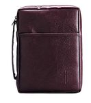 Burgundy Embossed Cross with Front Pocket Leather Look Bible Cover with Handle, Small