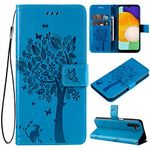 HAOTP PU Leather Protective Emboss Love Tree Cat Folio Magnetic Card Slots Holder Kickstand Flip Case for Samsung Galaxy A13 5G (Blue)