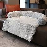 Calming Dog Bed Plush Dog Mat Dog Sofa, Pet Couch Protector for Dog, Pet Furniture Cover with Memory Foam Neck Bolster, Machine Washable Silver Grey Large