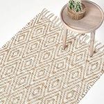 HOMESCAPES Geometric Rug Handwoven Natural Hemp Chindi Rug ‘Sierra’ Diamond Pattern Rug, 90 x 150 cm