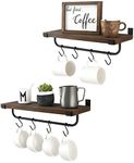 Mkono Mug Holder Wall Mounted Coffee Mug Rack Set of 2 Rustic Floating Shelf for Coffee Bar Accessories Wood Tea Cup Hooks Hanger for Organizing Cooking Utensils, Home Kitchen Decor, Brown