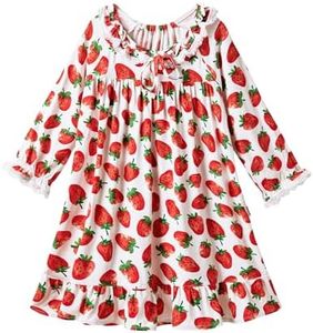 BambooBud Toddler Girls Long Sleeve Nightgown Cute Ruffle Girl Sleepshirt Viscose from Bamboo Princess Sleepwear Pajamas, Strawberry, 3T